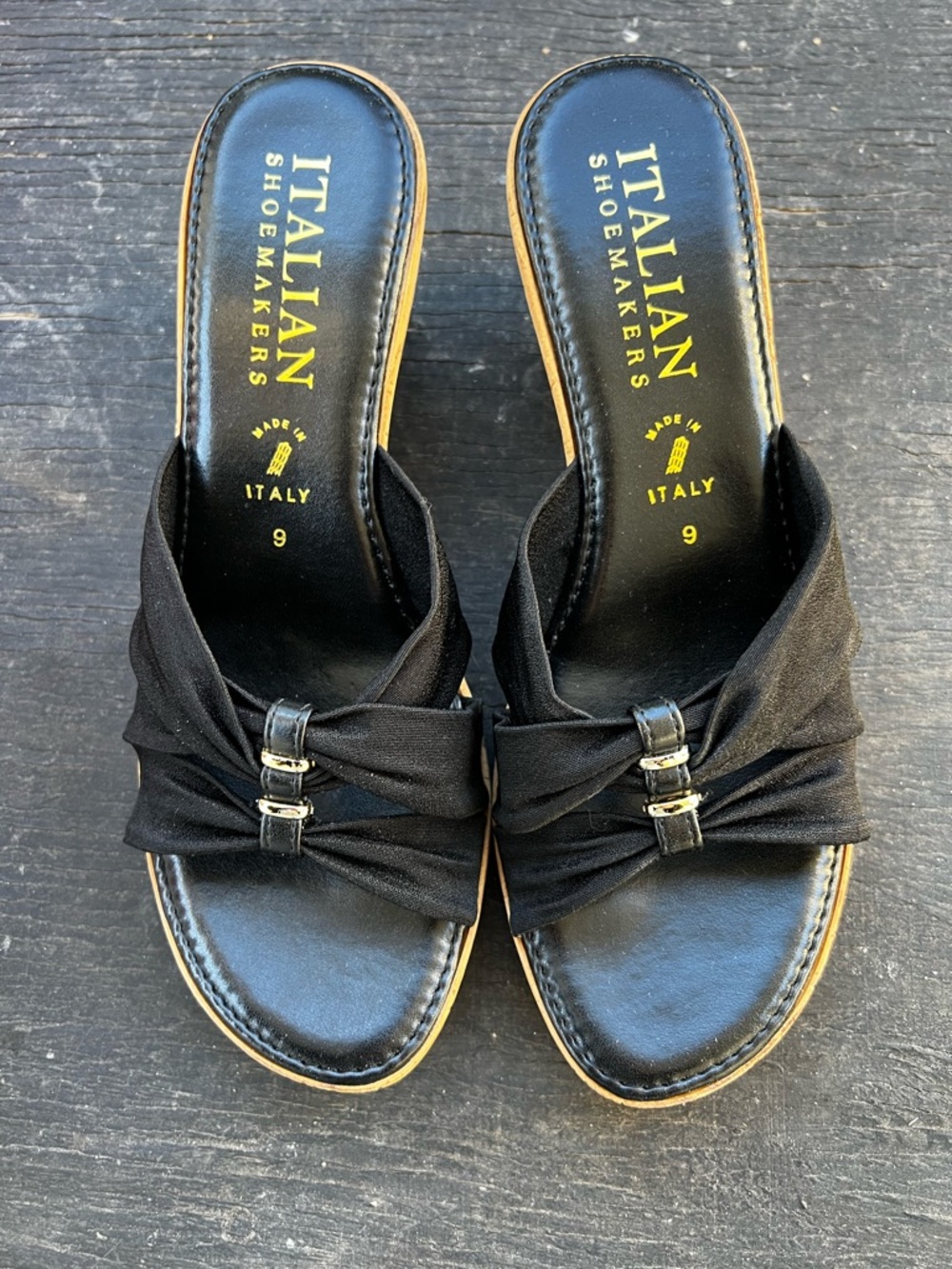 Italian Shoemakers Black Knotted Slide Mules with Gold Accents